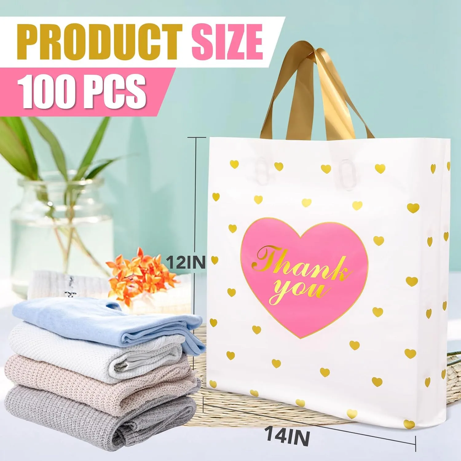XPCARE 100 PCS Thank You Bag Gift Bags,12x14 Inch White Gift Bag with Handle,Reusable Plastic Shopping Bags for Business Small,Boutique Stores, Retail Stores,Party