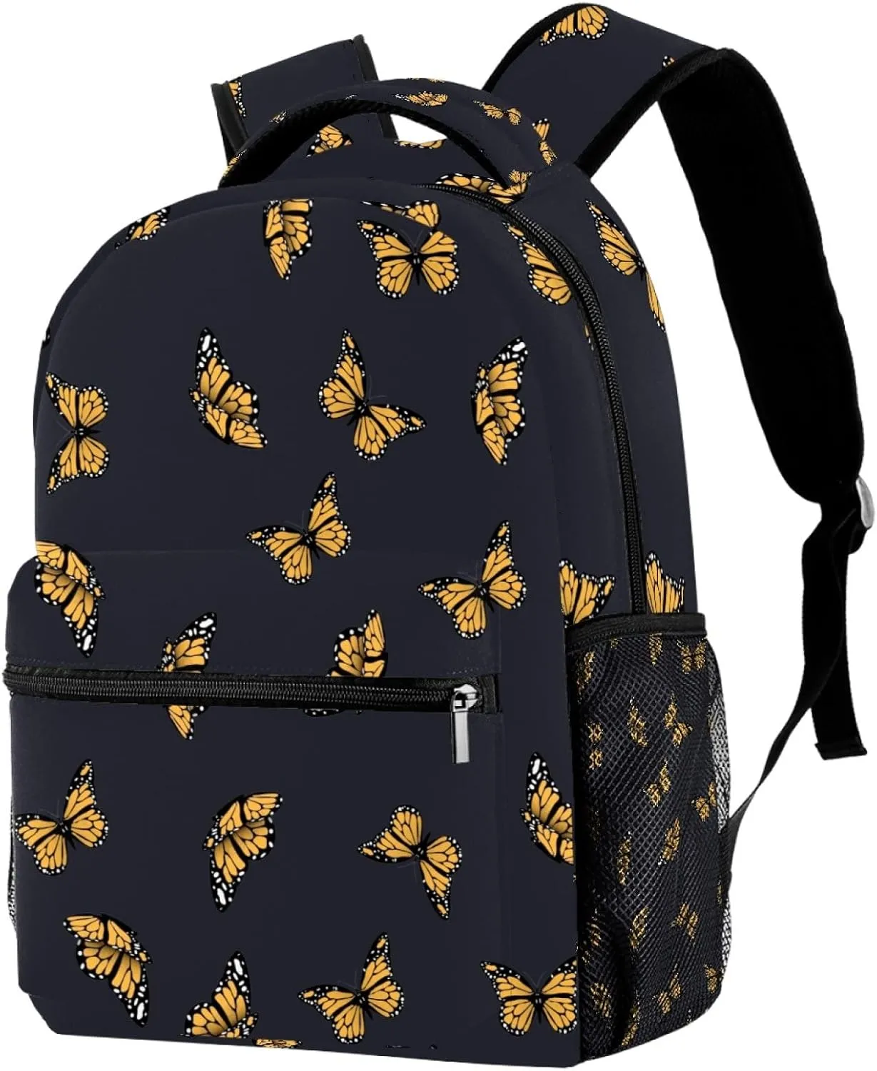 Yellow Butterfly Black Background School Backpack Medium Size, Travel Bag For Women Girls Men Boys Teens