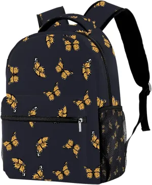 Yellow Butterfly Black Background School Backpack Medium Size, Travel Bag For Women Girls Men Boys Teens