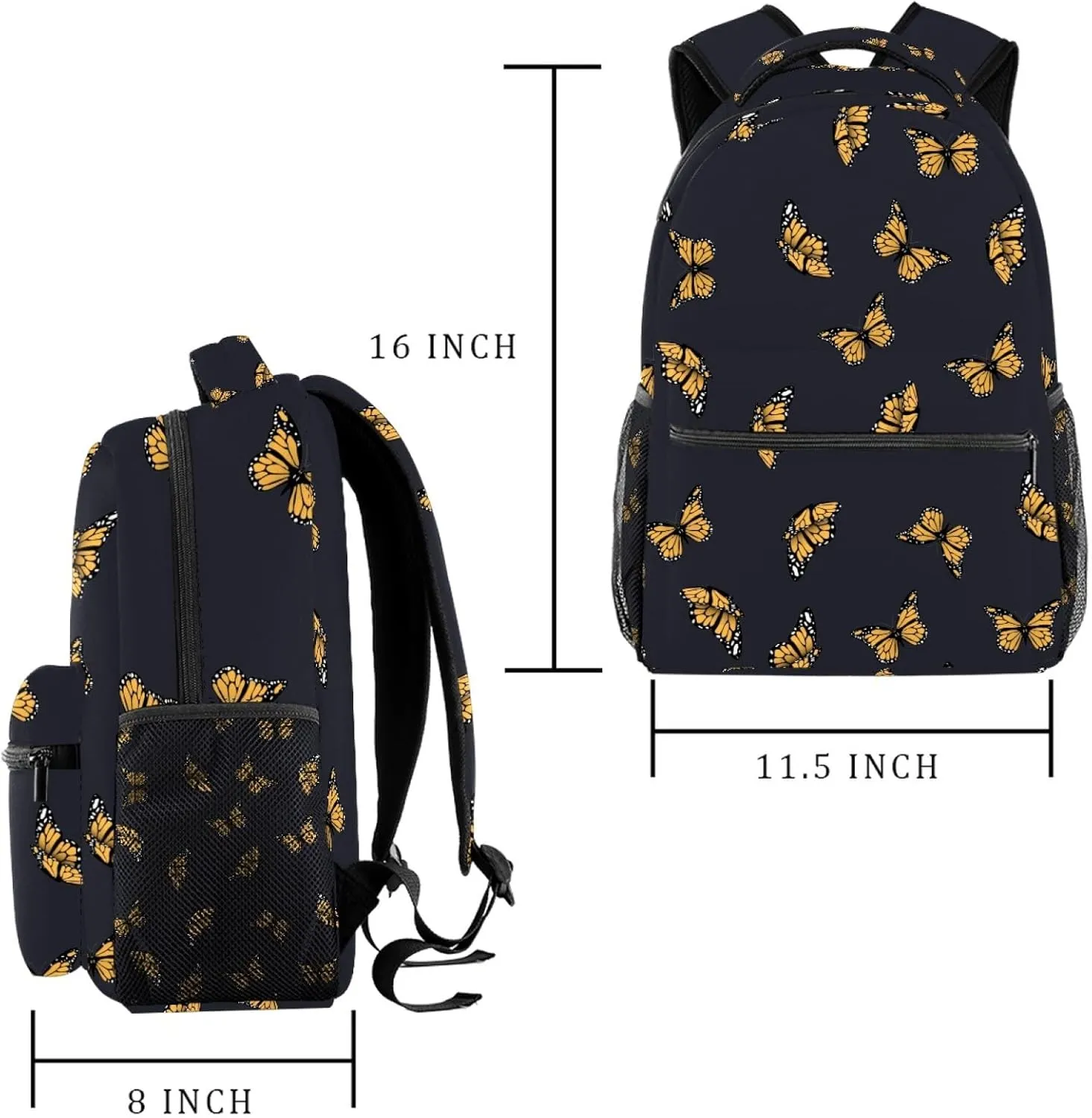 Yellow Butterfly Black Background School Backpack Medium Size, Travel Bag For Women Girls Men Boys Teens