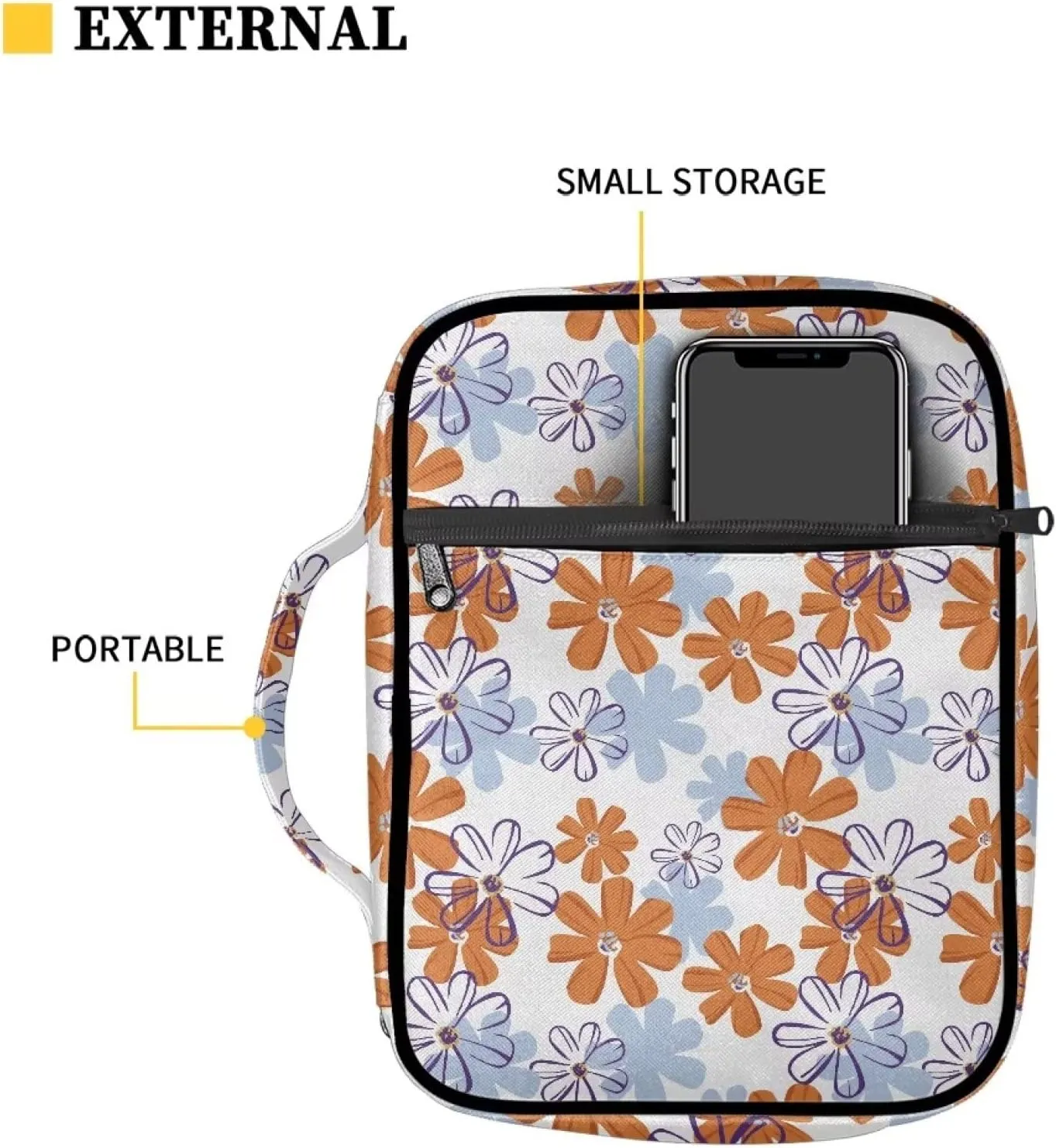 YEXIATODO Fashion Flowers Bible Cover Case with Zip Pockets Pray Church Bag Bible Study Tote Book Cover Purse for Kids Srudents Girls Boys Christian School Cosmetic Bag Briefcase Book Case Handbag