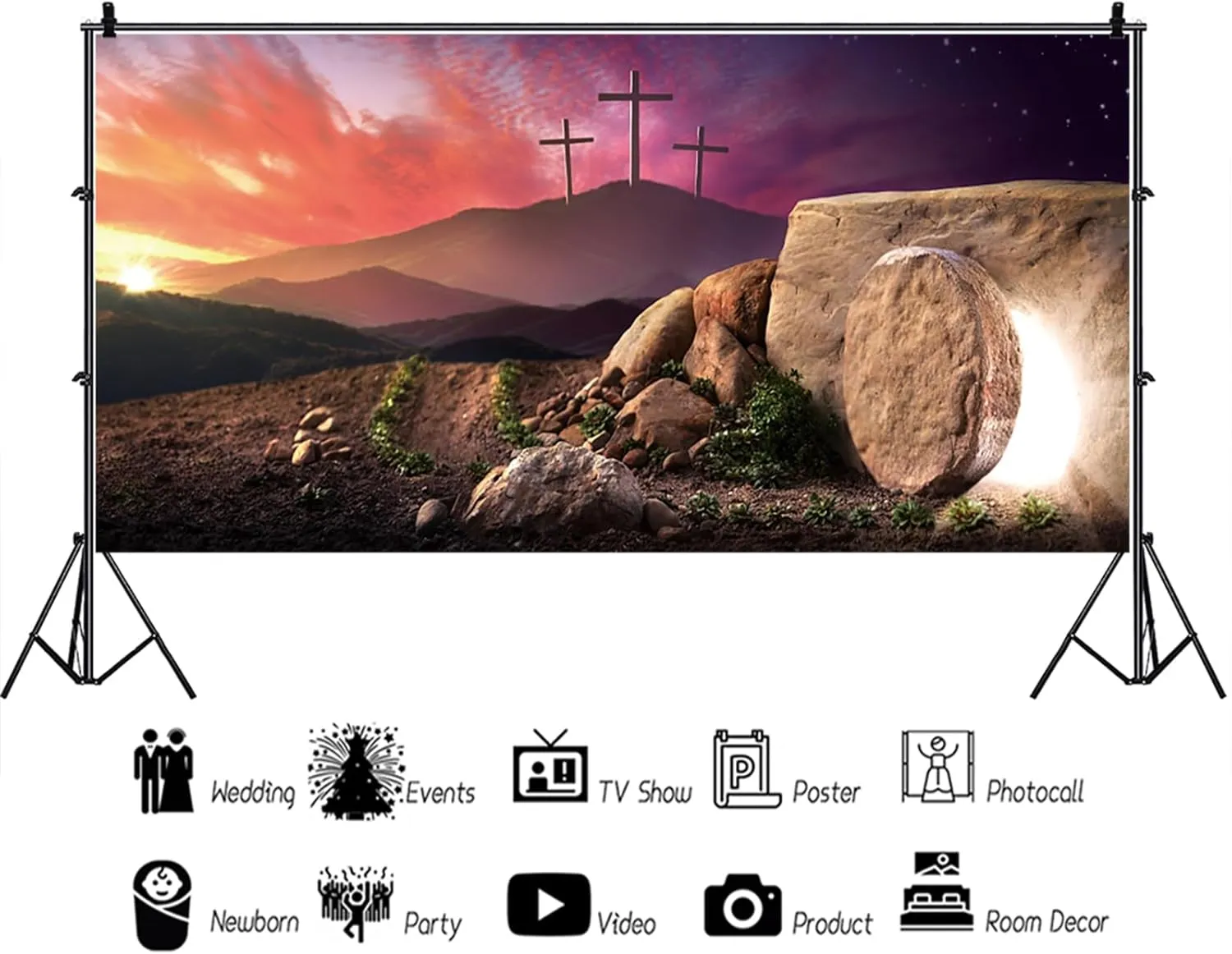 YongFoto 12x6ft Jesus Christ Cross Backdrop Mountain Top Sunset Glow Sky Holy Light Religion Christian Church Photography Background Christmas Easter Birth of Jesus Adults Kids Portrait Photo Props
