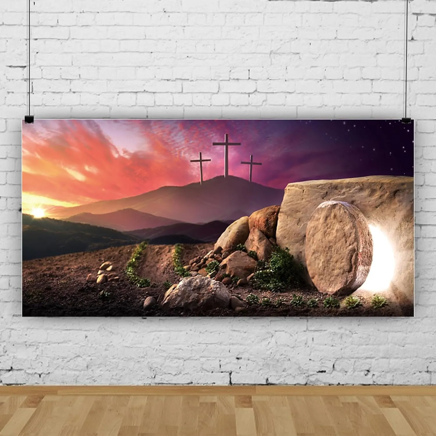 YongFoto 12x6ft Jesus Christ Cross Backdrop Mountain Top Sunset Glow Sky Holy Light Religion Christian Church Photography Background Christmas Easter Birth of Jesus Adults Kids Portrait Photo Props