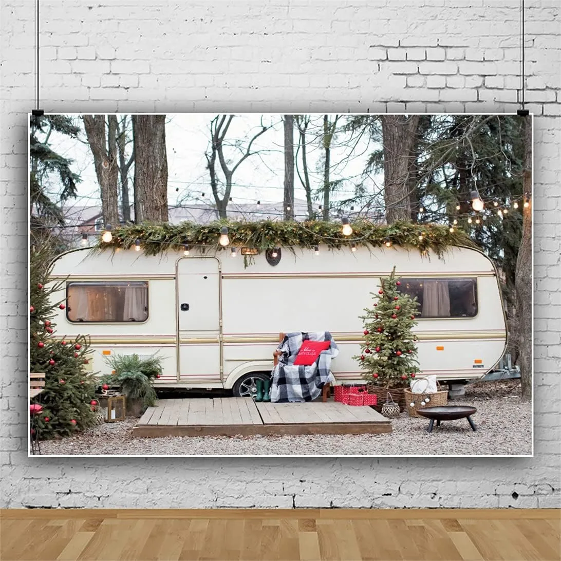 YongFoto 12x8ft Christmas Backdrop Outdoor Christmas Tree RV Picnic Trip Glitter Photography Background Family New Year Xmas Party Decor Baby Shower Kids Girl Newborn Portrait Photo Shoot Props