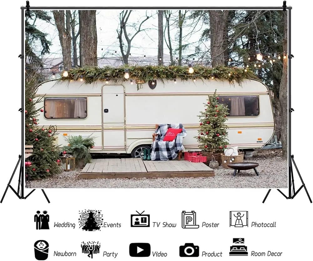 YongFoto 12x8ft Christmas Backdrop Outdoor Christmas Tree RV Picnic Trip Glitter Photography Background Family New Year Xmas Party Decor Baby Shower Kids Girl Newborn Portrait Photo Shoot Props