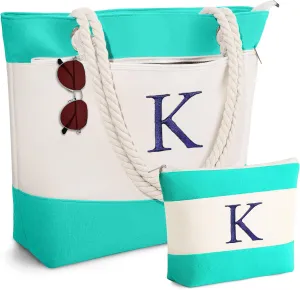 YOOLIFE Beach Bags for Women - Initial Tote Waterproof Bag with Makeup Bag, Mothers Day Gifts for Women Mom Friend Birthday