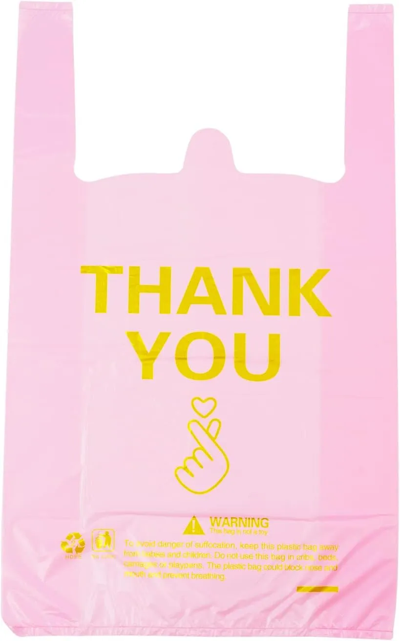 ysmile Thank You T Shirt Bag Plastic Grocery Bag for Small Business Plastic Shopping Bag with Handle - Pink