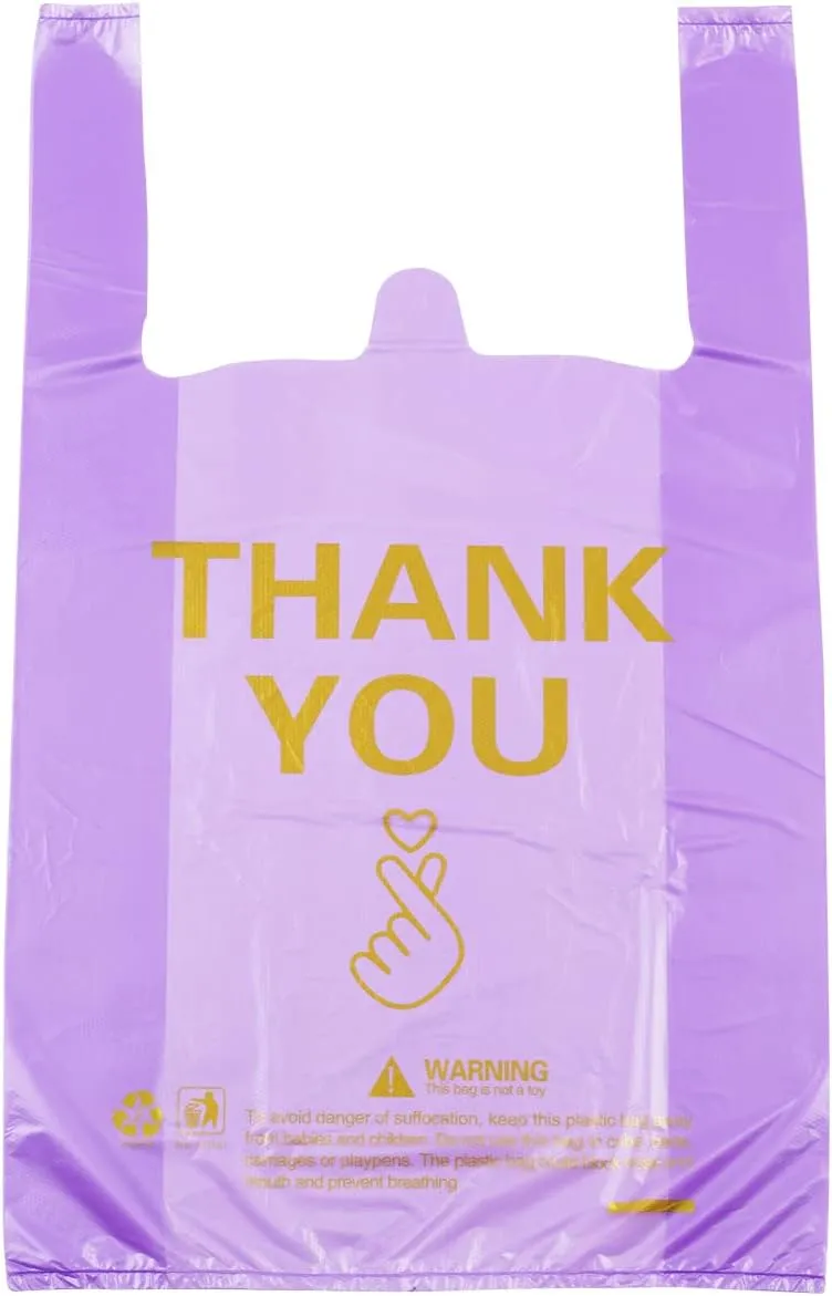 ysmile Thank You T Shirt Bag Plastic Grocery Bag for Small Business Plastic Shopping Bag with Handle - Purple