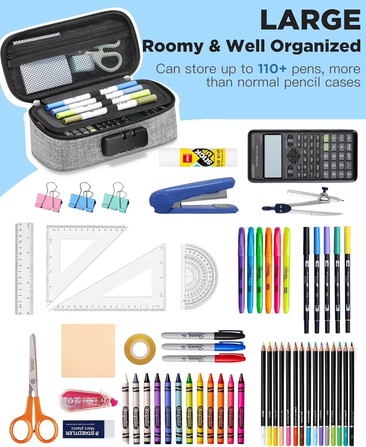 Zannaki Cute Pencil Case with Lock for Boys and Girls, Soft Large Capacity Pencil Case with Handle, Cool School Supplies Pencil Box Pen Stationery Storage Bag Organizer for Kids Teens Adults, Grey