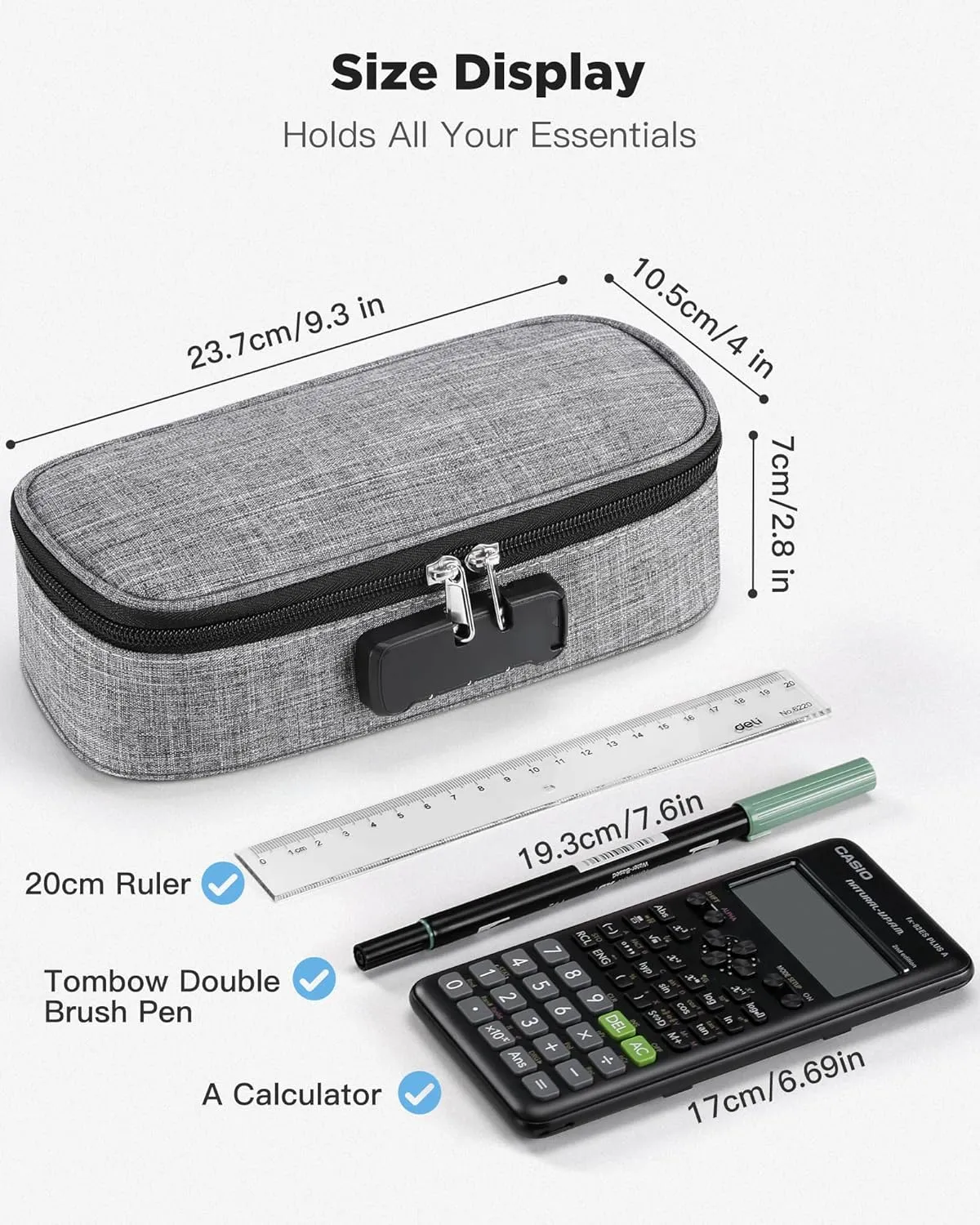 Zannaki Cute Pencil Case with Lock for Boys and Girls, Soft Large Capacity Pencil Case with Handle, Cool School Supplies Pencil Box Pen Stationery Storage Bag Organizer for Kids Teens Adults, Grey