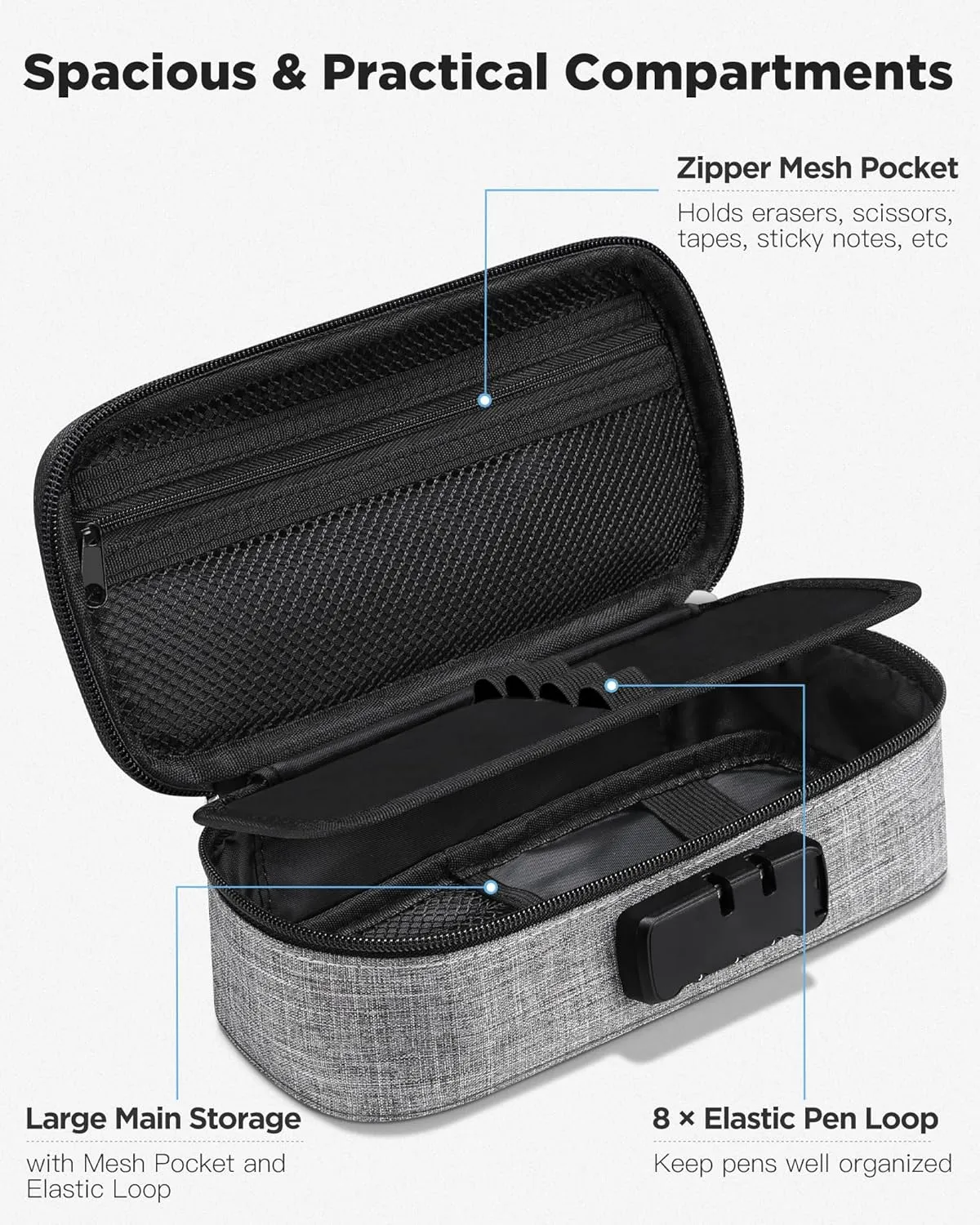 Zannaki Cute Pencil Case with Lock for Boys and Girls, Soft Large Capacity Pencil Case with Handle, Cool School Supplies Pencil Box Pen Stationery Storage Bag Organizer for Kids Teens Adults, Grey