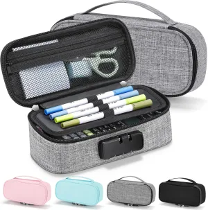 Zannaki Cute Pencil Case with Lock for Boys and Girls, Soft Large Capacity Pencil Case with Handle, Cool School Supplies Pencil Box Pen Stationery Storage Bag Organizer for Kids Teens Adults, Grey