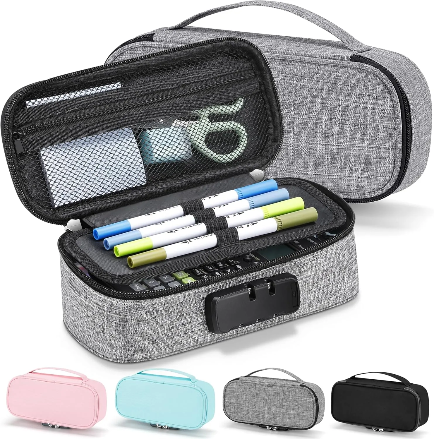 Zannaki Cute Pencil Case with Lock for Boys and Girls, Soft Large Capacity Pencil Case with Handle, Cool School Supplies Pencil Box Pen Stationery Storage Bag Organizer for Kids Teens Adults, Grey