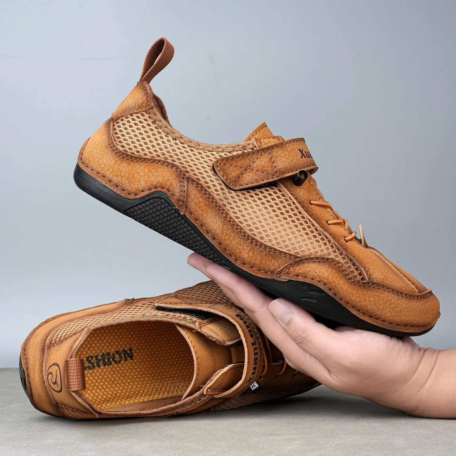 Zeberfi Men's Hollow Leather Mesh Walking Shoes for Hiking Camping & Driving Fashion Lace Up Hook and Loop Breathable Casual Beach Shoes Summer Outdoor Athletic Lightweight Water Shoes