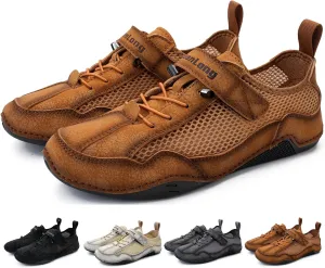Zeberfi Men's Hollow Leather Mesh Walking Shoes for Hiking Camping & Driving Fashion Lace Up Hook and Loop Breathable Casual Beach Shoes Summer Outdoor Athletic Lightweight Water Shoes