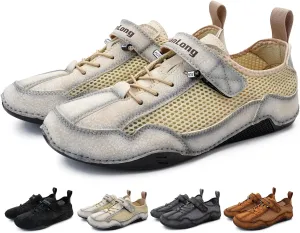 Zeberfi Men's Hollow Leather Mesh Walking Shoes for Hiking Camping & Driving Fashion Lace Up Hook and Loop Breathable Casual Beach Shoes Summer Outdoor Athletic Lightweight Water Shoes