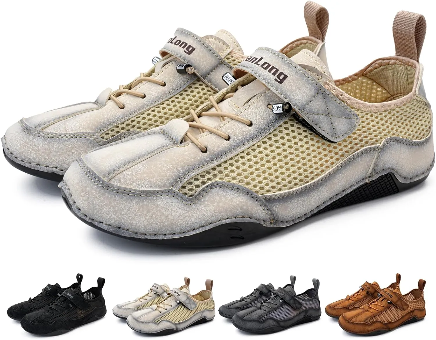 Zeberfi Men's Hollow Leather Mesh Walking Shoes for Hiking Camping & Driving Fashion Lace Up Hook and Loop Breathable Casual Beach Shoes Summer Outdoor Athletic Lightweight Water Shoes