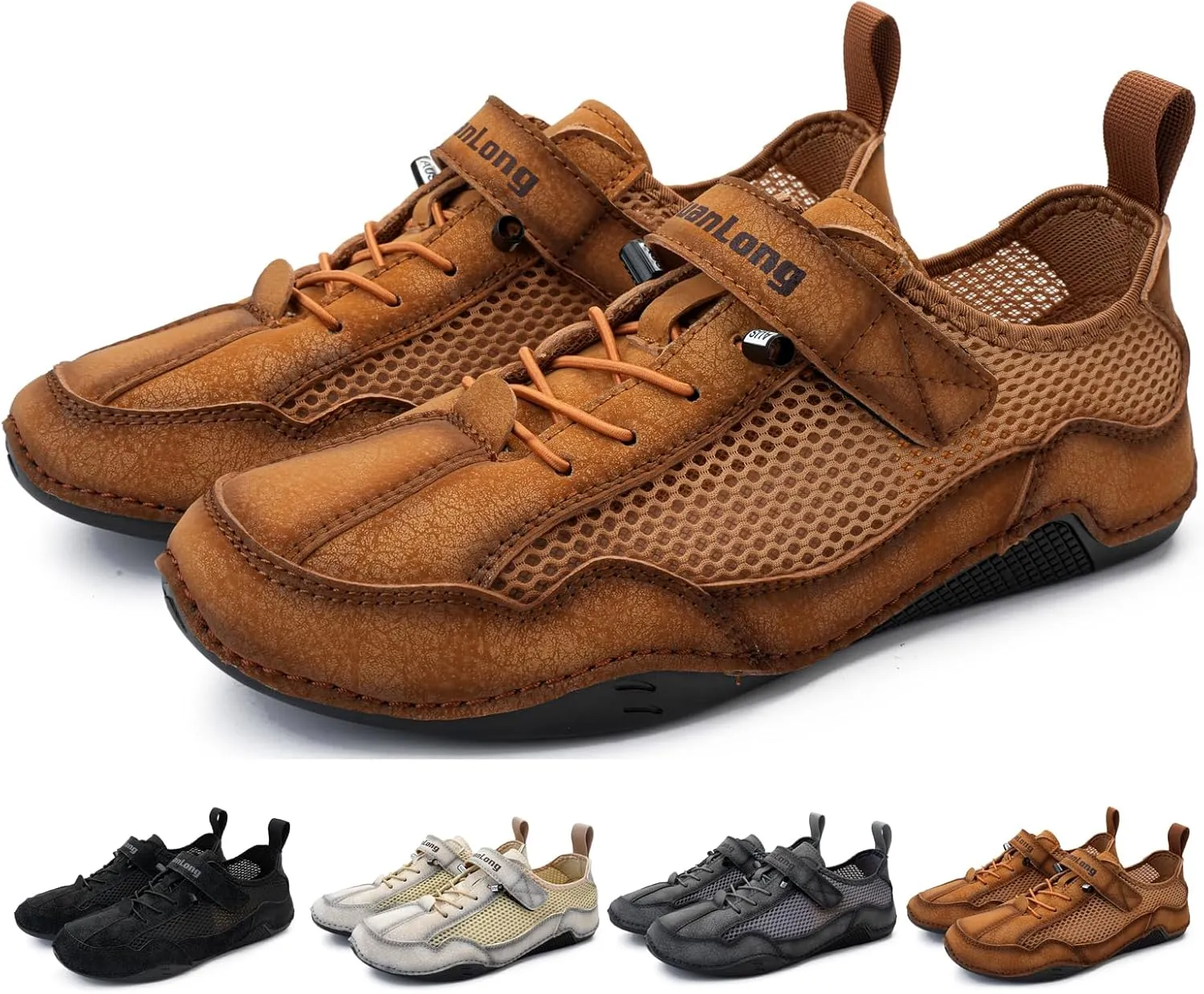 Zeberfi Men's Hollow Leather Mesh Walking Shoes for Hiking Camping & Driving Fashion Lace Up Hook and Loop Breathable Casual Beach Shoes Summer Outdoor Athletic Lightweight Water Shoes