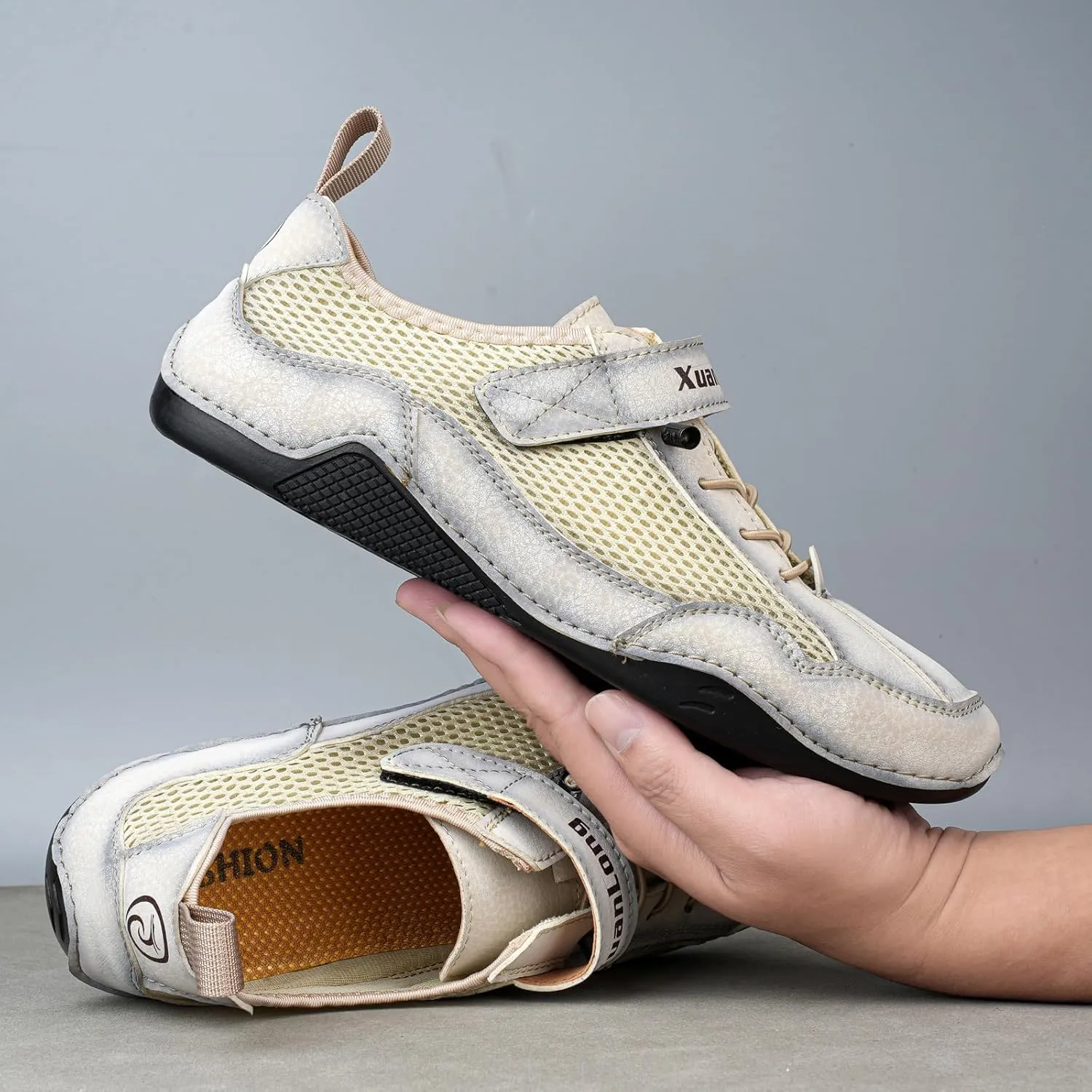 Zeberfi Men's Hollow Leather Mesh Walking Shoes for Hiking Camping & Driving Fashion Lace Up Hook and Loop Breathable Casual Beach Shoes Summer Outdoor Athletic Lightweight Water Shoes