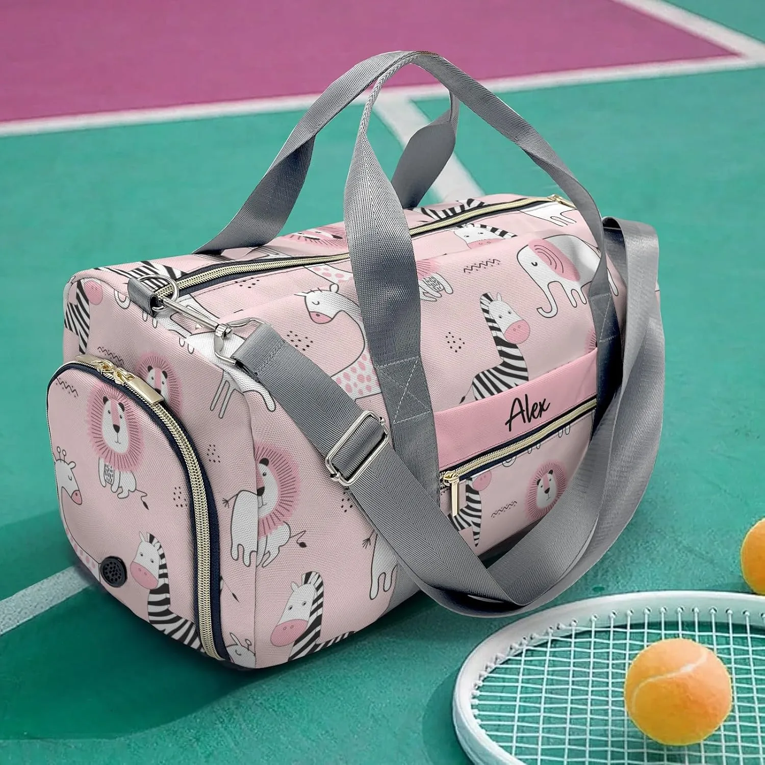Zerba Giraffe Lion Pink Personalized Duffel Bag,Custom Travel Gym Bag with Name,Waterproof Sports Overnight Bag with Shoe Compartment & Shoulder Strap