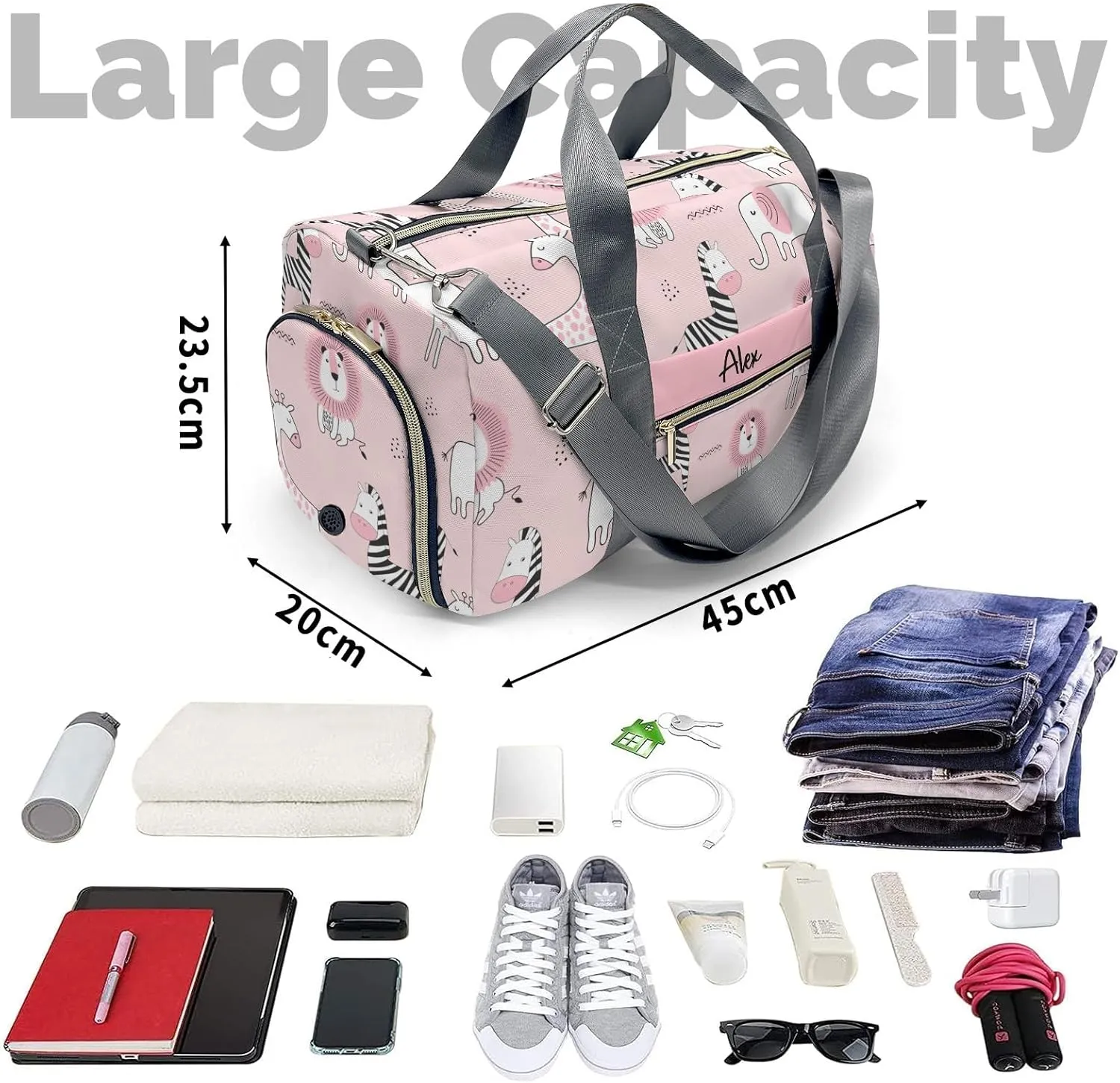 Zerba Giraffe Lion Pink Personalized Duffel Bag,Custom Travel Gym Bag with Name,Waterproof Sports Overnight Bag with Shoe Compartment & Shoulder Strap