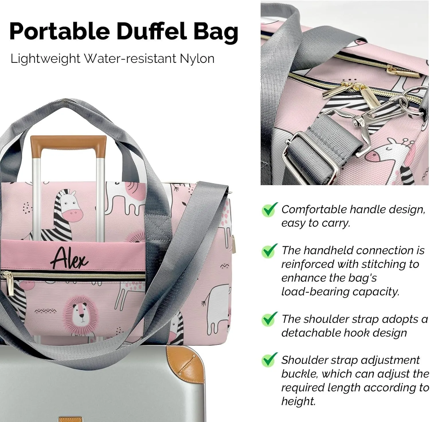 Zerba Giraffe Lion Pink Personalized Duffel Bag,Custom Travel Gym Bag with Name,Waterproof Sports Overnight Bag with Shoe Compartment & Shoulder Strap