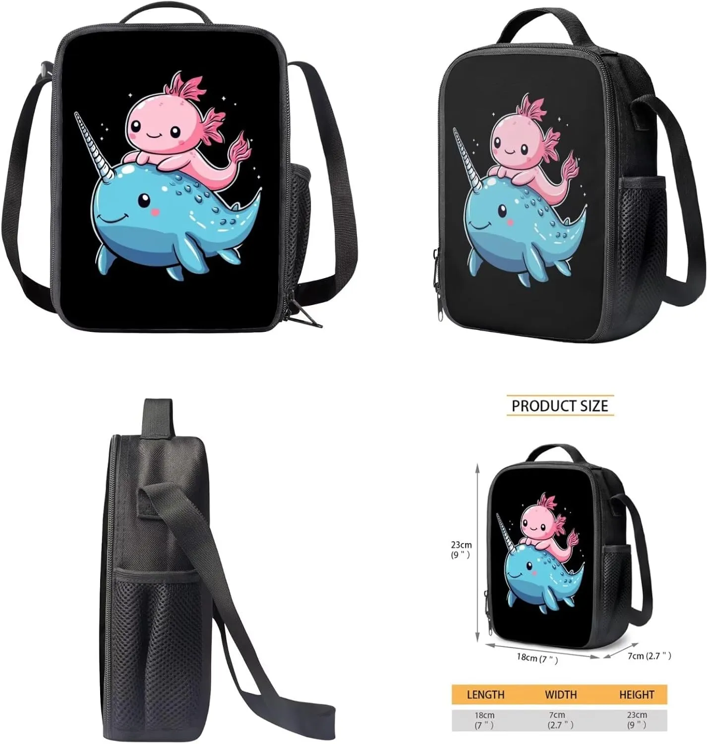 ZFRXIGN Axolotl Backpack with Lunchbox Pencil Pouch Keychain Narwhal Cute Bookbag for Kids Elementary School Bag Boys Girls Shoulder Bag with Front Pockets 4 Pcs Black 17 inch