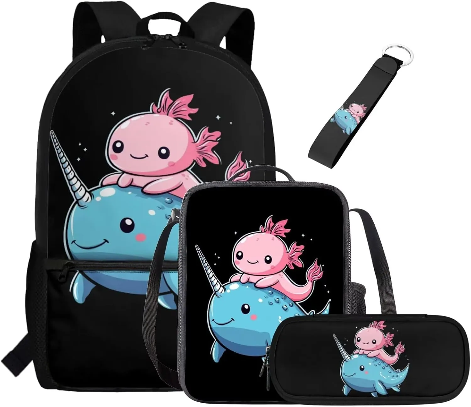 ZFRXIGN Axolotl Backpack with Lunchbox Pencil Pouch Keychain Narwhal Cute Bookbag for Kids Elementary School Bag Boys Girls Shoulder Bag with Front Pockets 4 Pcs Black 17 inch