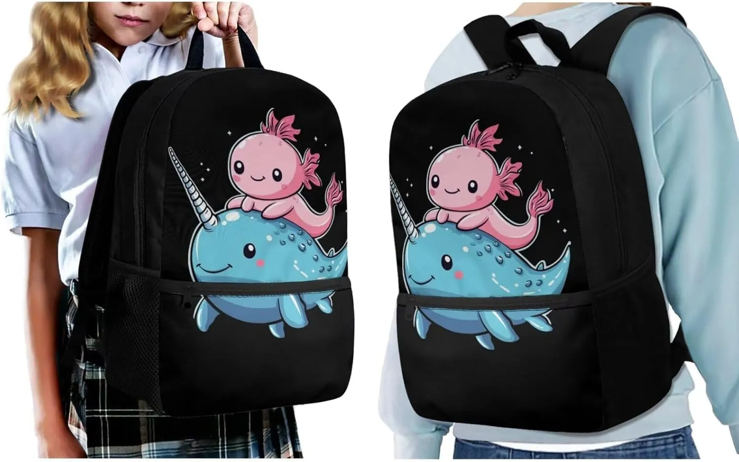 ZFRXIGN Axolotl Backpack with Lunchbox Pencil Pouch Keychain Narwhal Cute Bookbag for Kids Elementary School Bag Boys Girls Shoulder Bag with Front Pockets 4 Pcs Black 17 inch