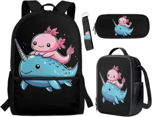 ZFRXIGN Axolotl Backpack with Lunchbox Pencil Pouch Keychain Narwhal Cute Bookbag for Kids Elementary School Bag Boys Girls Shoulder Bag with Front Pockets 4 Pcs Black 17 inch