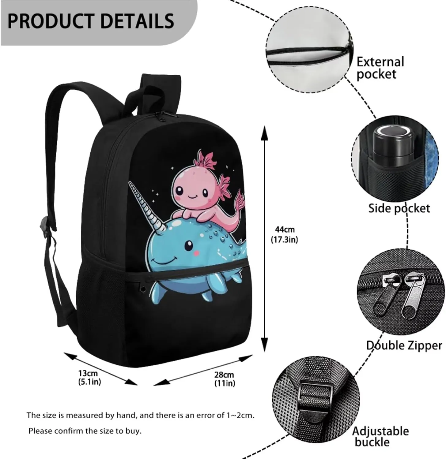 ZFRXIGN Axolotl Backpack with Lunchbox Pencil Pouch Keychain Narwhal Cute Bookbag for Kids Elementary School Bag Boys Girls Shoulder Bag with Front Pockets 4 Pcs Black 17 inch