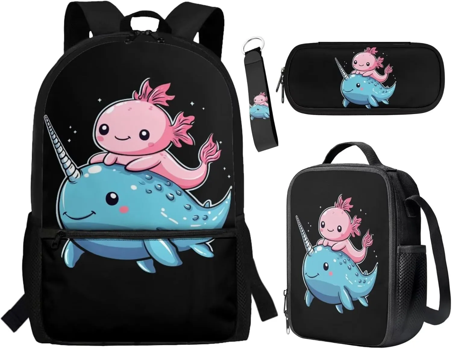 ZFRXIGN Axolotl Backpack with Lunchbox Pencil Pouch Keychain Narwhal Cute Bookbag for Kids Elementary School Bag Boys Girls Shoulder Bag with Front Pockets 4 Pcs Black 17 inch