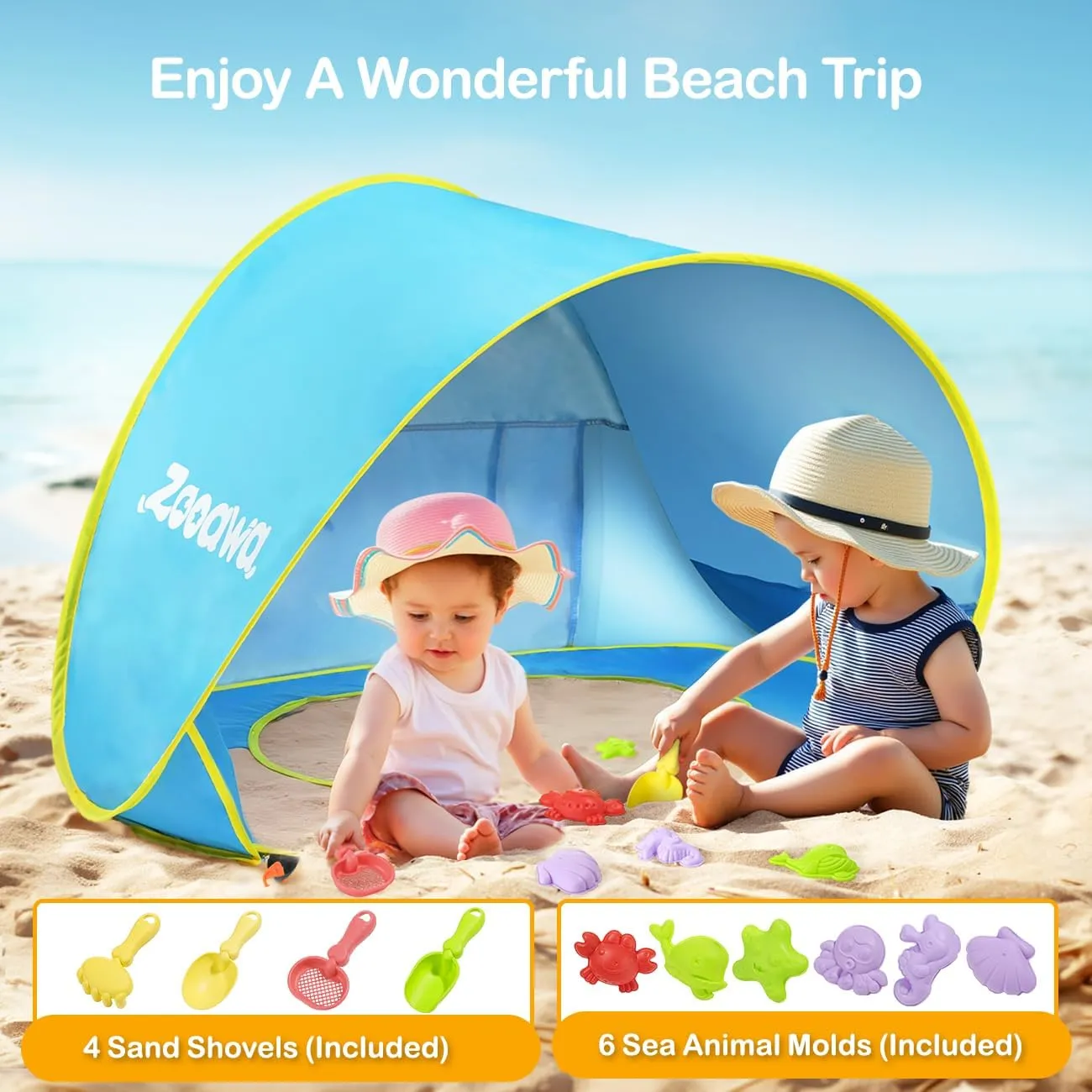 Zooawa Baby Beach Tent, Pop Up Beach Tent Sun Shade for Beach, Portable Shade Pool UV Protection Sun Shelter for Infant with Beach Sand Toys Set