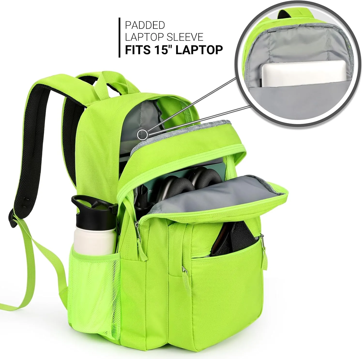 ZORFIN 26L Backpack for School, College, and Travel: Water Resistant Bookbag with 8 Compartments - Greenyellow