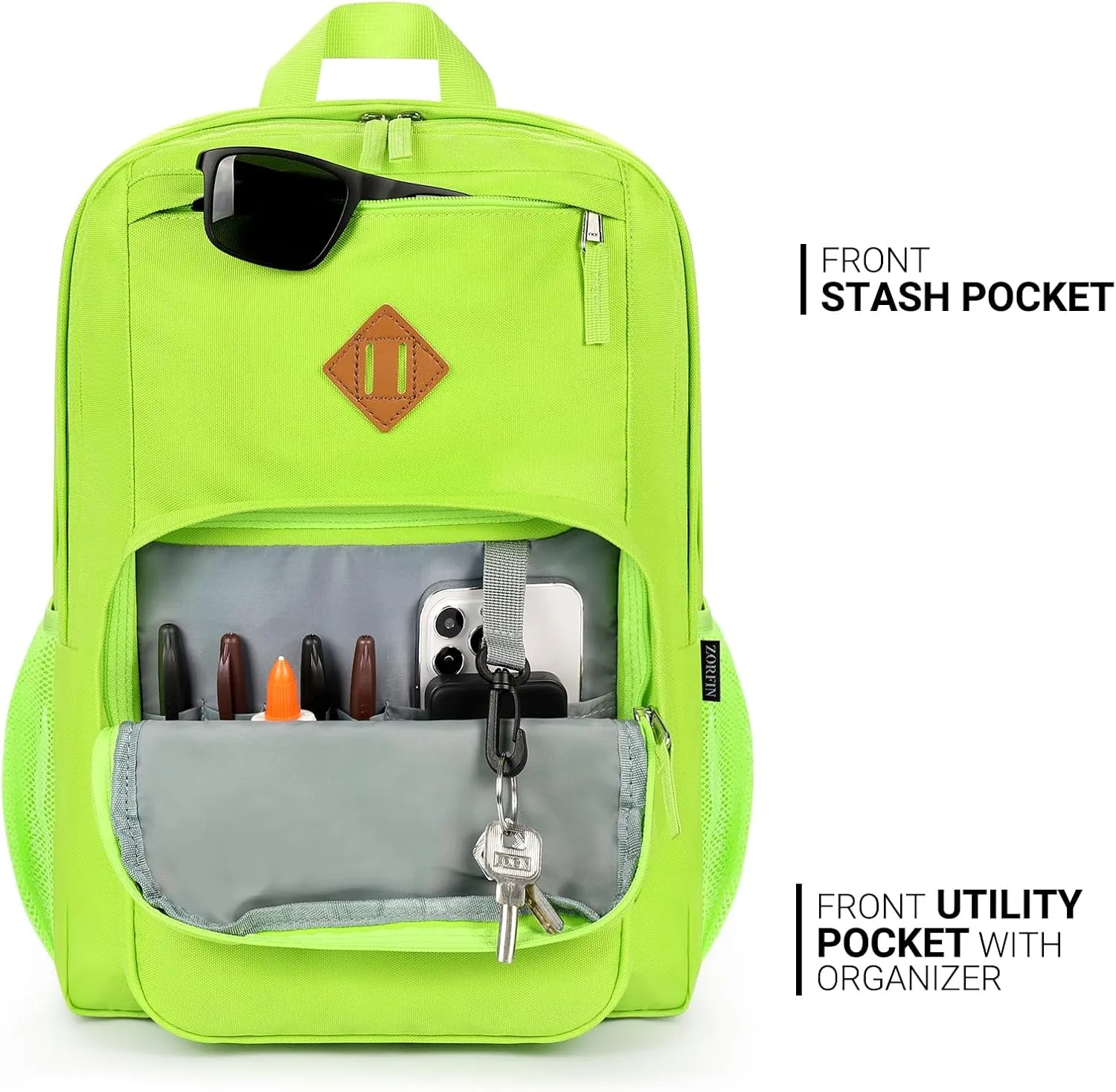 ZORFIN 26L Backpack for School, College, and Travel: Water Resistant Bookbag with 8 Compartments - Greenyellow