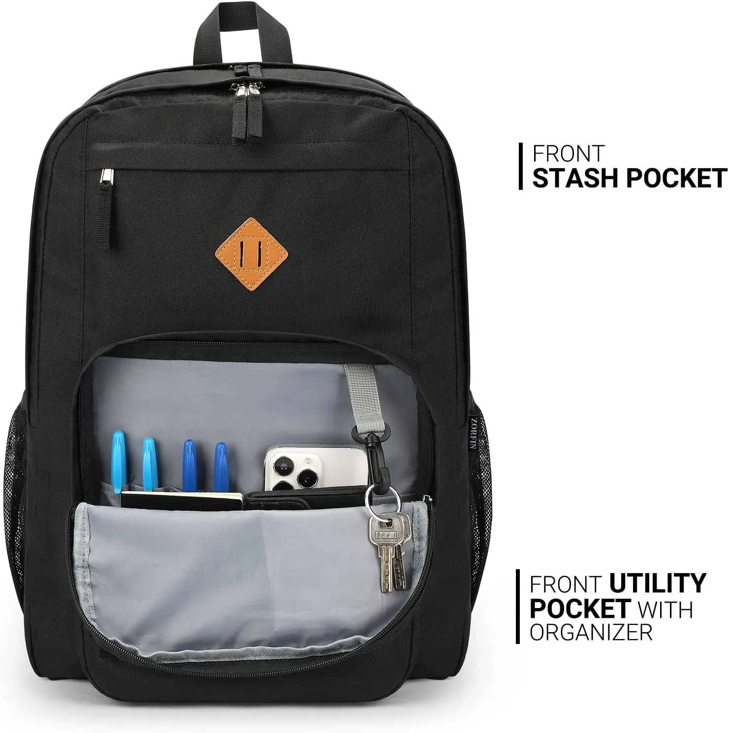 ZORFIN 36L Black Backpack for School, College, and Travel: Water Resistant Bookbag with 8 Compartments