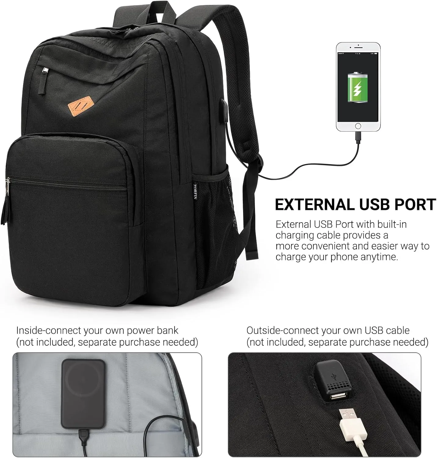 ZORFIN 36L Black Backpack for School, College, and Travel: Water Resistant Bookbag with 8 Compartments