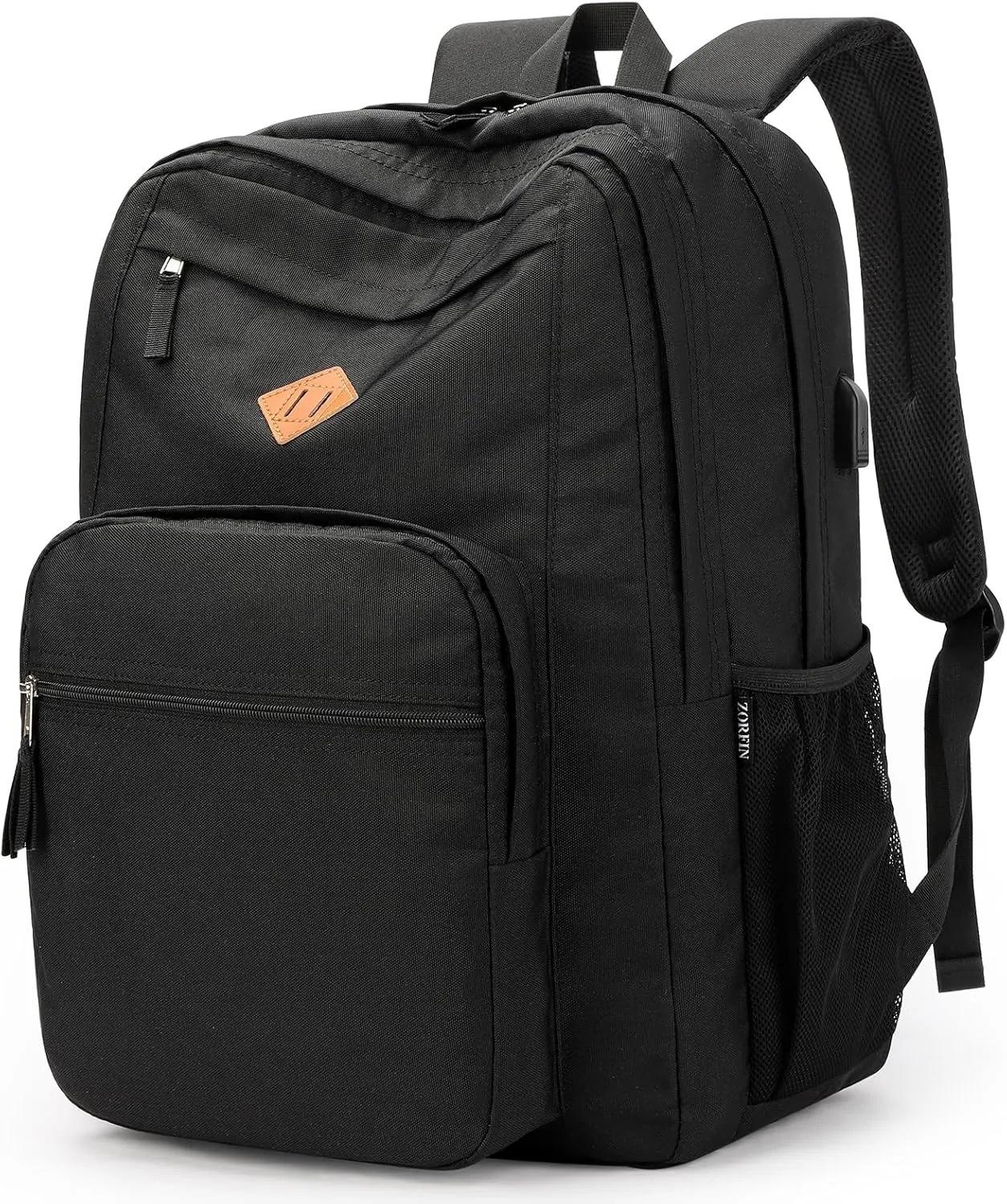 ZORFIN 36L Black Backpack for School, College, and Travel: Water Resistant Bookbag with 8 Compartments