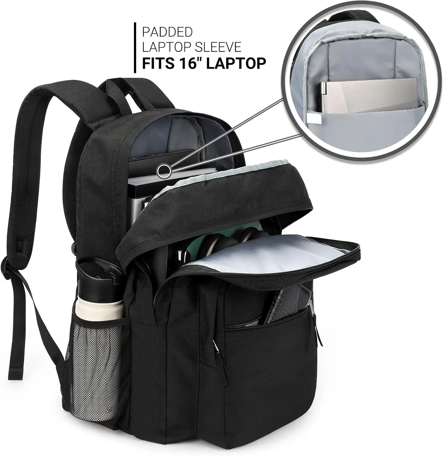 ZORFIN 36L Black Backpack for School, College, and Travel: Water Resistant Bookbag with 8 Compartments