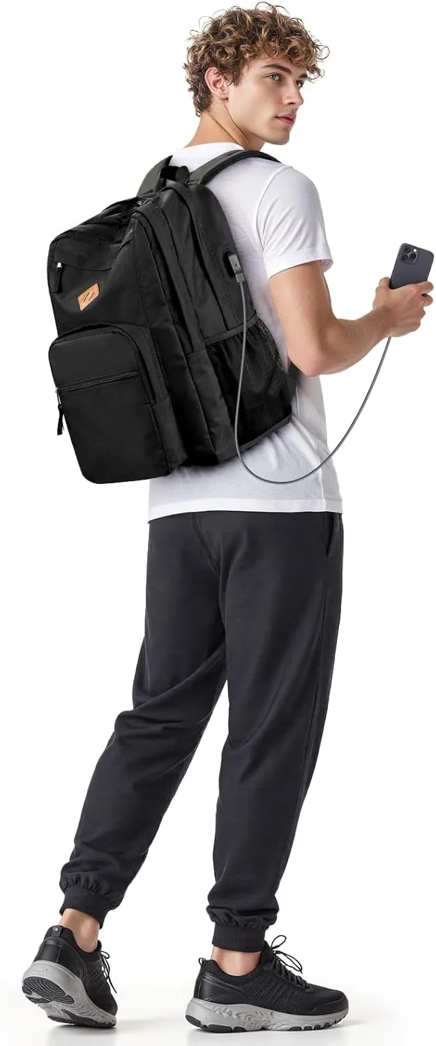 ZORFIN 36L Black Backpack for School, College, and Travel: Water Resistant Bookbag with 8 Compartments