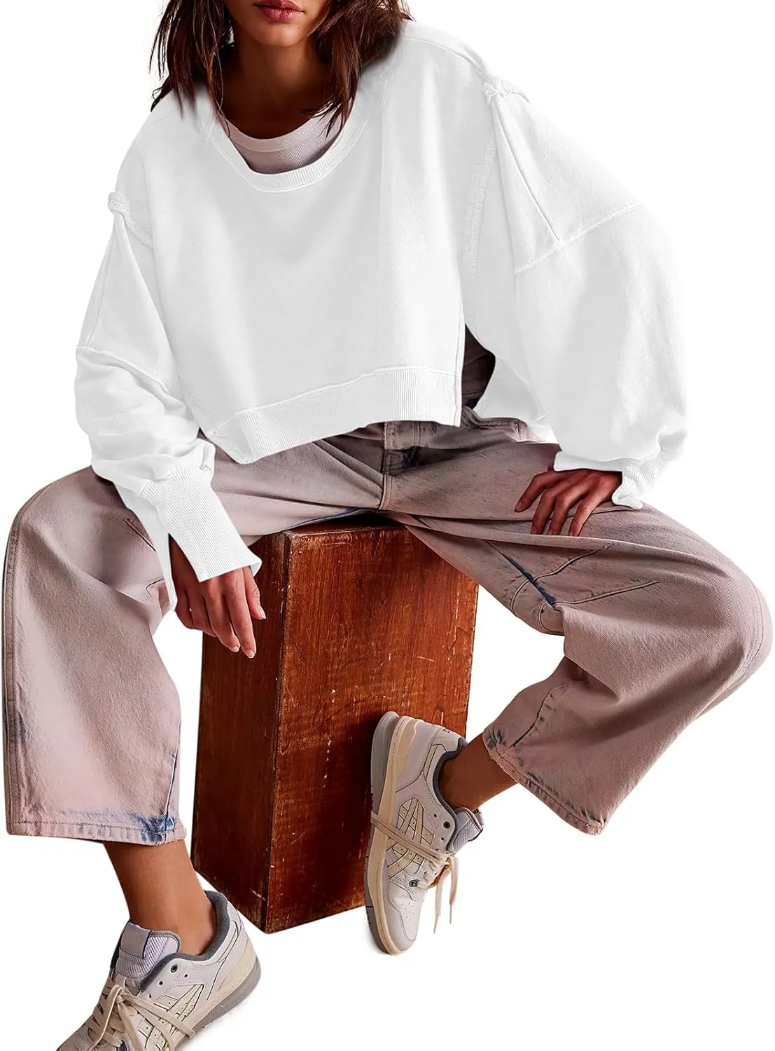 Zwurew Womens Casual Sweatshirt Long Sleeve Tops Crewneck Loose Fit Tee Pullover Crop Tshirt Side Slit Fall Fashion 2024