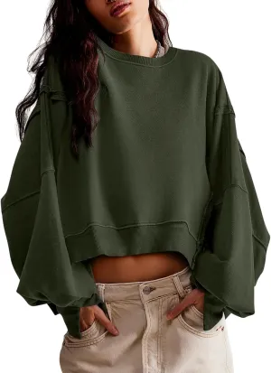 Zwurew Womens Casual Sweatshirt Long Sleeve Tops Crewneck Loose Fit Tee Pullover Crop Tshirt Side Slit Fall Fashion 2024