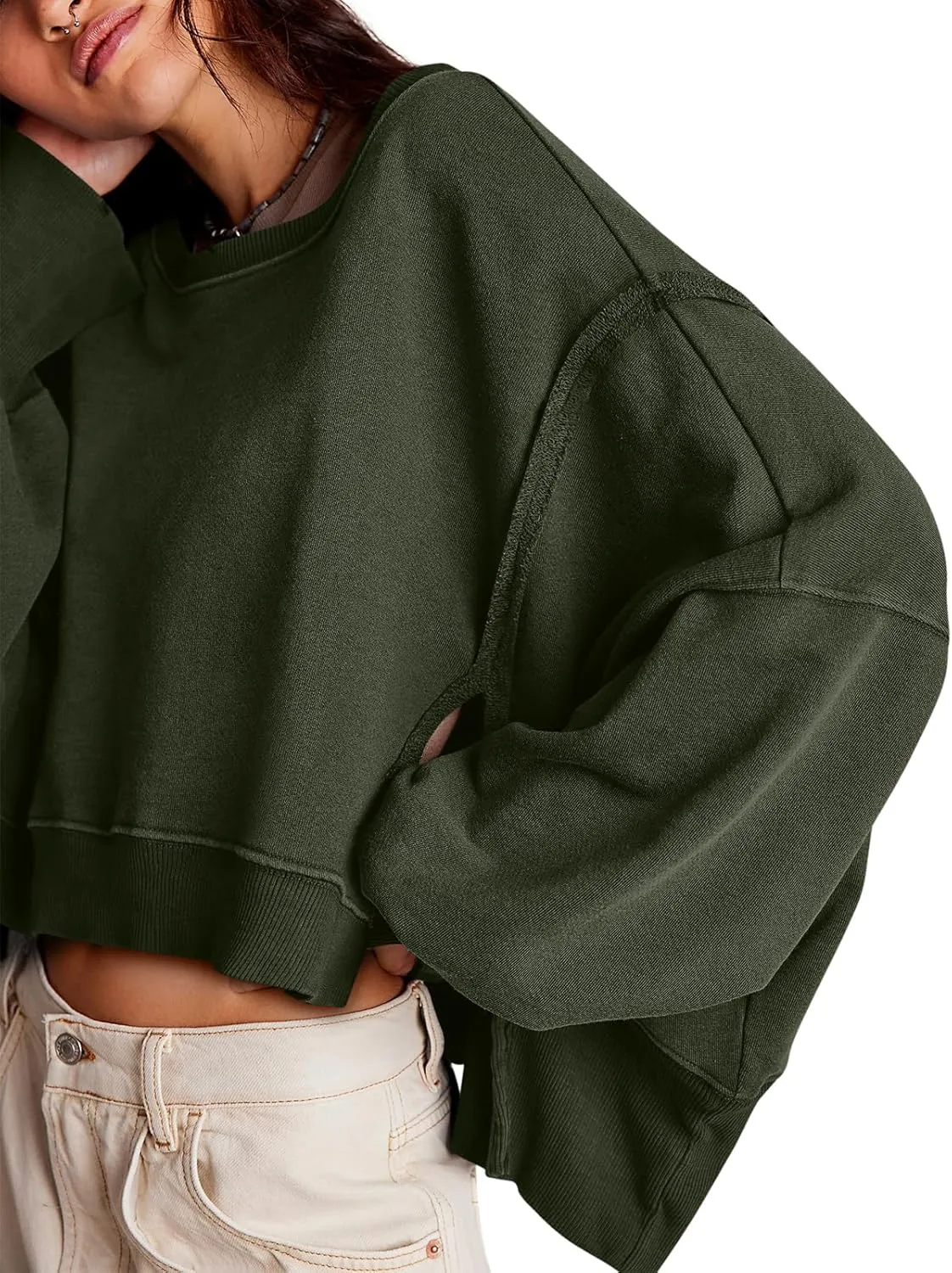 Zwurew Womens Casual Sweatshirt Long Sleeve Tops Crewneck Loose Fit Tee Pullover Crop Tshirt Side Slit Fall Fashion 2024