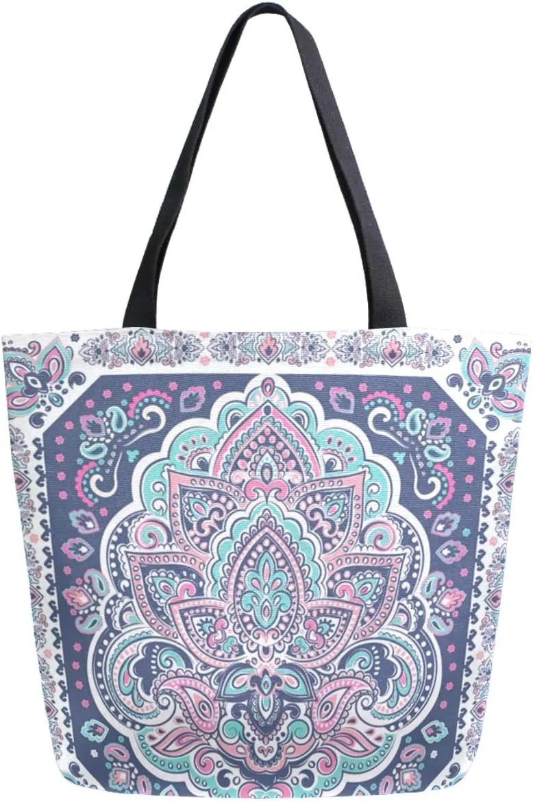 ZzWwR Beautiful Indian Rug Paisley Lotus Pattern Extra Large Canvas Shoulder Tote Top Storage Handle Bag for Gym Beach Weekender Travel Reusable Grocery Shopping