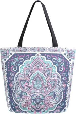 ZzWwR Beautiful Indian Rug Paisley Lotus Pattern Extra Large Canvas Shoulder Tote Top Storage Handle Bag for Gym Beach Weekender Travel Reusable Grocery Shopping